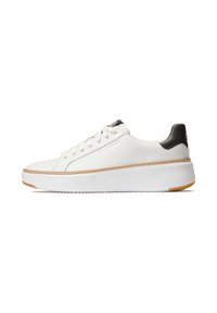 Weiße Ledersneaker mit einem schwarzen Fersenakzent, runder Zehenform und einer strukturierten, leichten Sohle. Verfügt über weiße Schnürsenkel und genähte Details.
