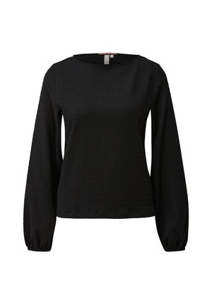 Schwarze, strukturierte Langarmbluse mit rundem Ausschnitt und elastischen Bündchen, vor einem schlichten weißen Hintergrund präsentiert.