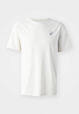 White short-sleeve athletic t-shirt made of lightweight fabric. Features a small grey logo on the left chest and a crew neckline.