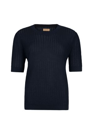 Marinblå kortärmad stickad tröja med ribbad textur och rund halsringning, med en ren och enkel design.