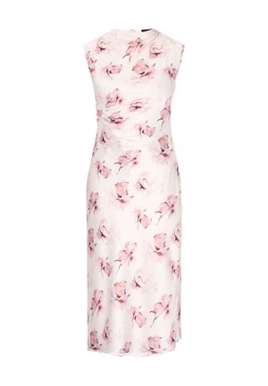 Ärmelloses Midikleid mit zartem rosa Blumenmuster auf weißem Hintergrund, mit rundem Ausschnitt und dezenter Drapierung an der Taille.