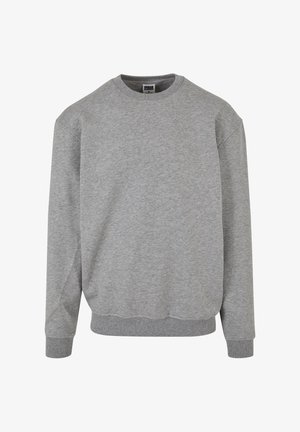 Pulover gri cu guler rotund, fabricat dintr-un material moale din amestec de bumbac. Prezintă manșete și tiv cu nervuri, având un design simplu, clasic. Fără modele sau accente.