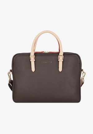 Braune, genarbte Lederhandtasche mit cremefarbenen Trägern und goldenen Beschlägen. Verfügt über einen Reißverschluss, zwei Oberhandgriffe und einen verstellbaren Schultergurt.