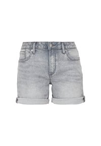 Short en denim gris avec revers roulés, passants pour ceinture, bouton devant, braguette zippée et poches avant et arrière.