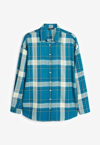 Camicia a quadri color teal con maniche lunghe, chiusura frontale con bottoni, caratterizzata da accenti bianchi e gialli in un motivo a scacchi e un colletto classico.