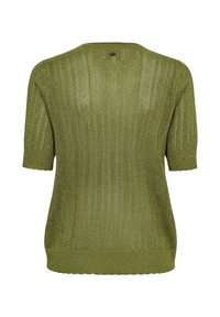 Haut en maille vert olive à manches courtes avec texture côtelée, tissu légèrement transparent et col rond, vu de dos.
