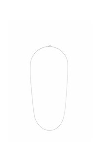Srebrny łańcuszek naszyjnik o gładkim, cienkim wykończeniu, z zapięciem typu klamra i polerowanym wykończeniem, prezentujący lekki, elegancki wygląd.
