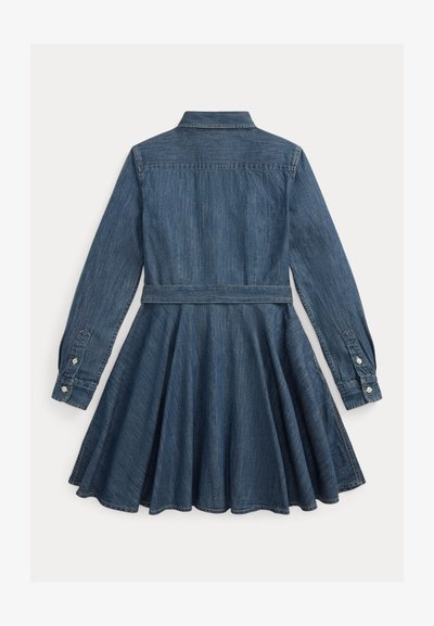 Traper haljina s dugim rukavima, dugmadima na manžetama, uskim središnjim dijelom i suknjom koja se širi. Ima ovratnik i pojas od istog materijala.