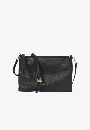 Black leather crossbody bag with a textured surface, gold hardware accents, and a zip closure. Features a detachable strap for versatile wear.