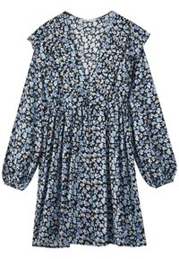 Kukkamekko, jossa on syvä V-pääntie ja pitkät puffissa hihat. Musta tausta sinisillä ja valkoisilla kukkakuosisilla. Rypytetty pääntie ja elastinen vyötärö.