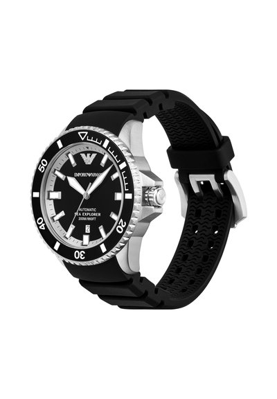 Automatic watch with a stainless steel case, black rubber strap, black dial, silver accents, and luminous hour markers. Features a date window.