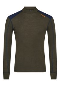 Mørkegrøn langærmet skjorte med en mock turtleneck. Har marineblå skulderdetaljer og orange "DOVRE" logo på kraven. Letvægtsstof.