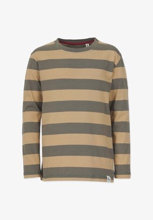 Langärmliges Shirt aus Baumwolle mit abwechselnd grünen und beigen Streifen. Es hat einen runden Halsausschnitt und Seitenschlitze am Saum.