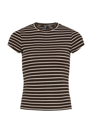Bruine en crèmekleurige gestreepte t-shirt van zachte stof, met korte mouwen en een ronde halslijn, in een aansluitende pasvorm.