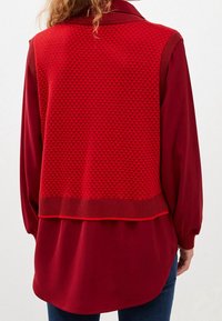 Person, der einen ärmellosen roten Pullover mit Muster über einem langärmeligen roten Hemd trägt, kombiniert mit blauen Jeans, von hinten gezeigt.