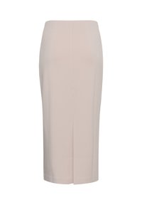 Beige knælængde blyantskirt med en lille baglomme, tætsiddende talje og glat stoftekstur.