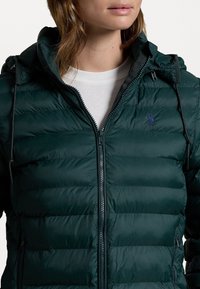 Veste rembourrée verte avec une fermeture éclair à l'avant, une capuche et des poches latérales. Présente un design matelassé et un petit logo bleu sur la poitrine.