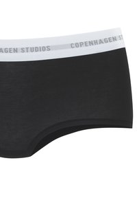 Black cotton hipster underwear with a white elastic waistband featuring "COPENHAGEN STUDIOS" logo in gray. Smooth texture and fitted design.