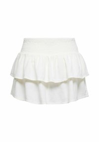 Mini-jupe blanche à volants avec taille élastique smockée et couches à volants, conçue pour un usage décontracté.