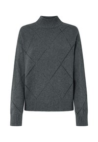 Dark gray knitted sweater with a high neckline, featuring a diamond pattern, ribbed cuffs, and hem. Soft texture, relaxed fit.