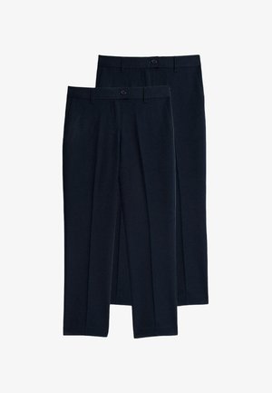 Twee paar donkerblauwe straight-leg broeken met knopen in de taille en riemlussen, gestapeld met één paar iets meer naar voren.
