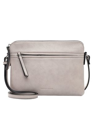 Gray leather crossbody bag with a top zip closure, front zip pocket, adjustable strap, and smooth texture. Brand logo embossed on the front.