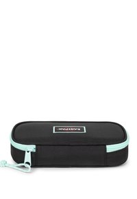 Custodia nera con zip a forma rettangolare, realizzata in materiale resistente. Presenta una zip verde menta e una toppa con il logo sulla parte superiore.