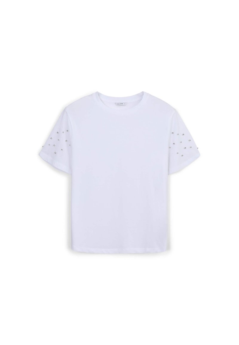 T-shirt bianco in cotone con maniche corte e dettagli in borchie metalliche sulle spalle, scollatura rotonda e orlo dritto.