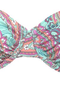 Mehrfarbiger Bikini-Oberteil mit einem Blumen- und Paisleymuster in Pink, Türkis und Grau, mit Raffung in der Mitte.