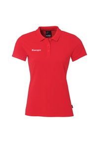 Rød polo T-shirt lavet af bomuld med klassisk krave, korte ærmer og et hvidt "Kempa" logo på venstre bryst.