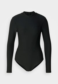 Czarny, długi rękaw, prążkowany body z wysokim kołnierzem i subtelnymi przeszyciami, zaprojektowany na dopasowaną sylwetkę.