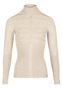 Pull à col roulé beige en tissu tricoté côtelé. Présente des rayures verticales sur la partie supérieure et une section inférieure lisse.