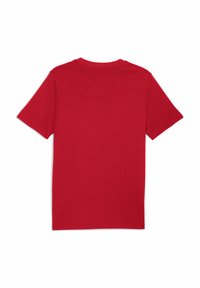Rød bomulds-t-shirt med rund hals og korte ærmer. Glat tekstur, ensfarvet, ingen synlige mønstre eller logoer på ryggen.