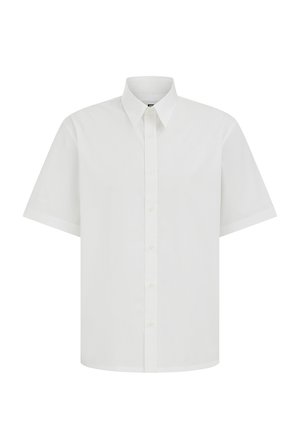 Valge lühikeste varrukatega nööpidega pluus, millel on klassikaline krae ja esiküljel nupud, esitatud ühevärvilisel taustal.