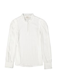 Witte textuur blouse met lange mouwen, een gerimpelde kraag en een keyhole opening. Heeft geplooide manchetten bij de polsen. Lichtgewicht stof.