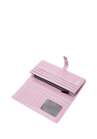 Pink leather wallet with multiple card slots, a zippered pocket, and a patterned section for identification. Smooth finish with a snap closure.