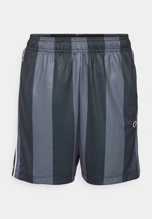 Grå og svart stripete treningsshorts med elastisk midje, sidelommer og en liten logo på nederste venstre side.