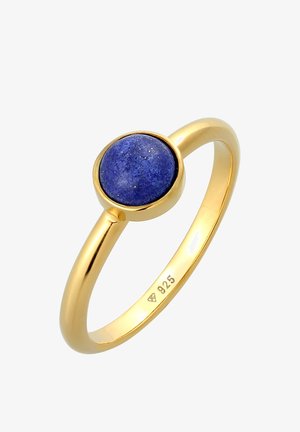 Bague en or ornée d'une pierre ronde de lapis-lazuli bleue, finition lisse, avec une bande simple et une marque "925" pour argent sterling.