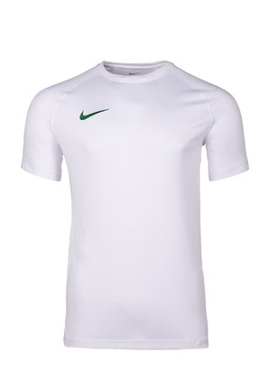 Hvid atletisk T-shirt med korte ærmer, rund hals og lille grønt Nike Swoosh-logo på øverste venstre bryst.