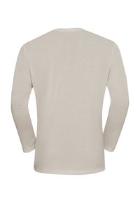 Beige Langarmshirt mit Rundhalsausschnitt, von hinten gezeigt, aus einem schlichten, glatten Stoff ohne sichtbare Marken oder Muster.