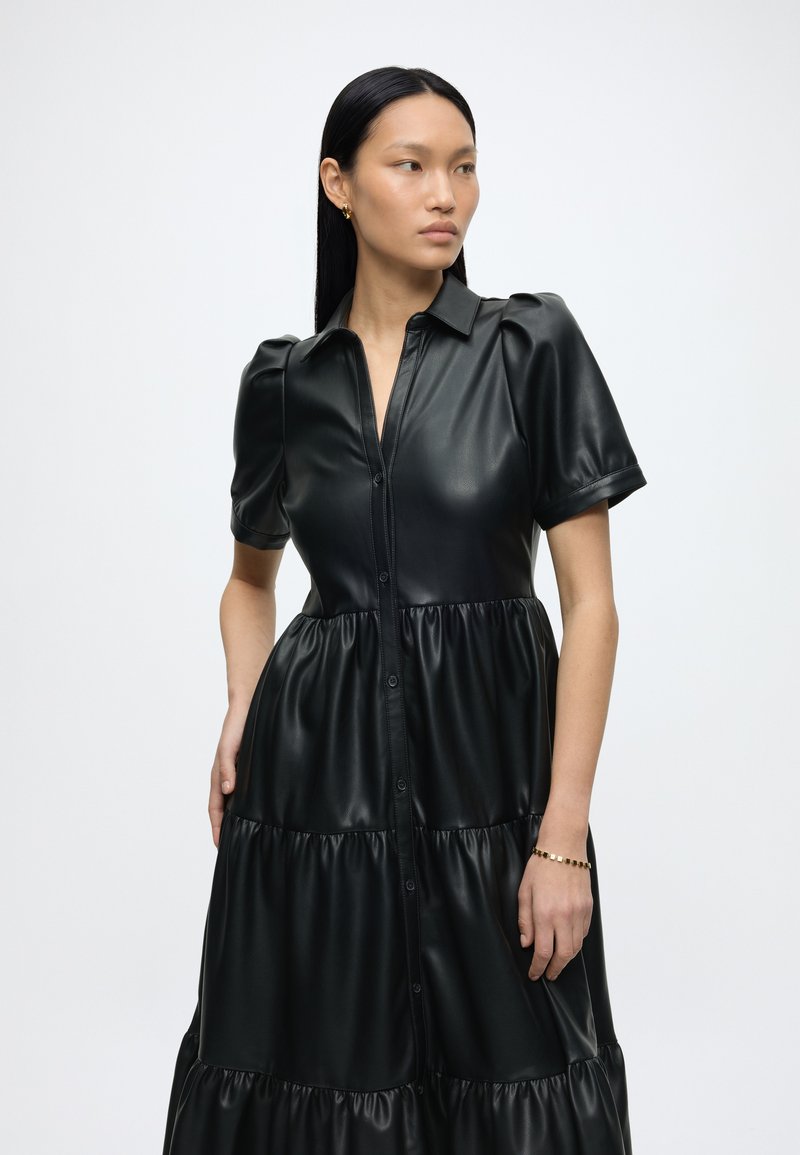 dkny faux leather dress DKNY Women's Faux Leather TrimMock Neck Maxi Dress Black Size Large