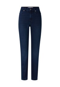 Tmavě modré džíny s vysokým pasem a rovnými nohavicemi, které mají dvě přední kapsy, zapínání na knoflík a jemné detaily šití.