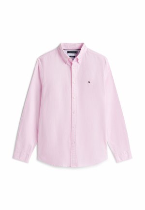 Camicia a maniche lunghe di colore rosa chiaro, realizzata in cotone. Presenta un colletto, bottoni frontali e un piccolo logo sul lato sinistro del petto. Texture liscia.