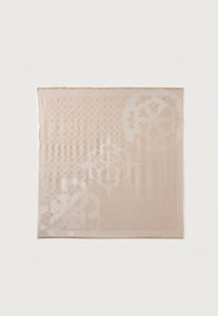 Μπεζ τετράγωνο ύφασμα με διακριτικά γεωμετρικά και ανθοφόρα μοτίβα, με περιθώρια με κρόσσια και συνδυασμό μικρών και μεγάλων σχεδίων σε όλη του την επιφάνεια.