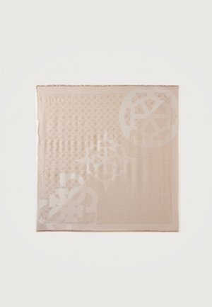 Pătrat textil bej cu modele subtile geometrice și florale, având margini franjurate și o combinație de motive mici și mari pe întreaga suprafață.