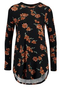 Camisa de manga larga negra con estampado floral naranja y dobladillo redondeado.