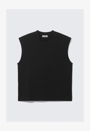 Top preto sem mangas feito de um tecido de algodão suave, com um decote redondo e uma silhueta larga com bordas limpas.