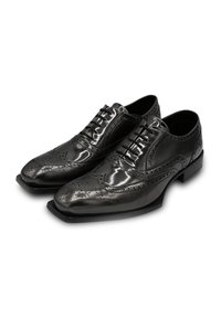 Black leather dress shoes with a polished finish, brogue detailing, round toe, and laces, featuring a sleek, tapered shape and low heel.