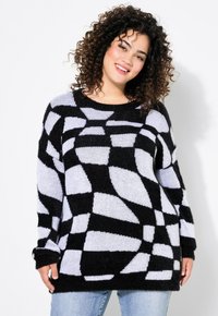 Maglione lavorato a maglia nero e lilla chiaro con un motivo geometrico, scollatura rotonda, maniche lunghe e tessuto morbido e testurizzato.