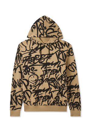 Felpa con cappuccio realizzata in tessuto beige con stampe in stile graffiti nere. Presenta una tasca frontale e polsini a costine per un look aderente.